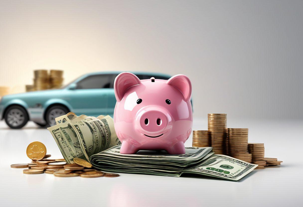 A modern wallet overflowing with cash and coins, set against a backdrop of a cheerful family driving their car. Incorporate symbols of savings like piggy banks and discount tags around. Add a vibrant, dynamic atmosphere that conveys optimism and smart financial choices. super-realistic. vibrant colors. white background.