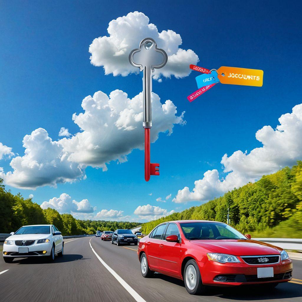 A vibrant illustration of a person holding a giant key labeled 'Discounts' in front of a colorful highway lined with various auto insurance policy documents. In the background, cars of different styles zoom by, reflecting a sense of speed and savings. The sky is bright and optimistic with discount signs floating like clouds. This scene should evoke excitement and clarity in finding affordable auto insurance options. super-realistic. vibrant colors. white background.